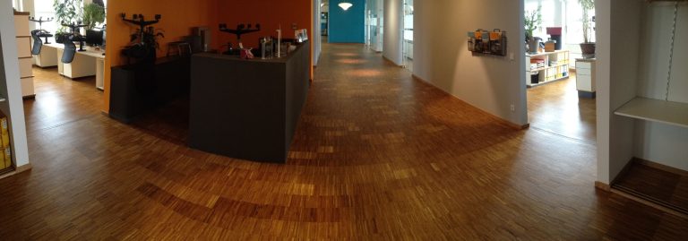 Innenansicht eines modernen Raums mit Holzfußboden und minimalistischer Dekoration.